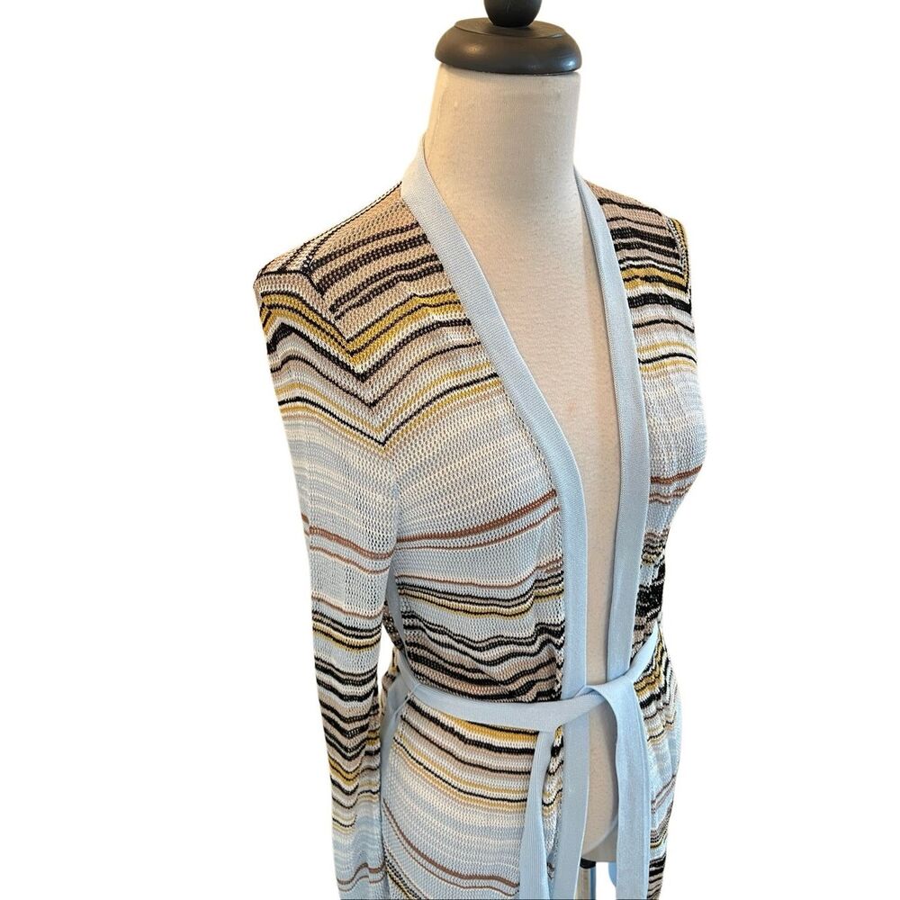 White House Black Market Women's Striped Belted Duster Cardigan Blue Tan Small - Picture 2 of 6